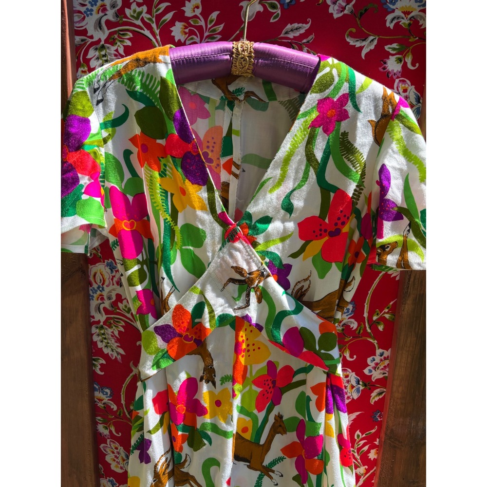 VTG 70's Neon Floral Ruffle Vacation Whimsy Boho Chic Midi Dress Size M-L - Picture 9 of 13